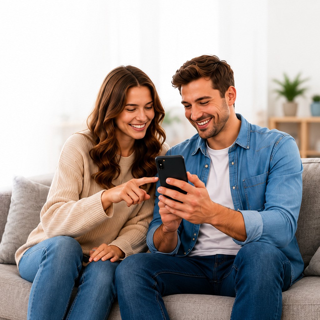 Paar schaut aufs Smartphone